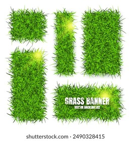 Green grass banners, background. Field, meadow texture, grassy landscape. Organic, bio, eco and natural lifestyle design elements. Ecology and environment protection. Vector illustration