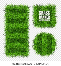 Green grass banners, background. Field, meadow texture, grassy landscape. Football playing pitch, soccer field. Sports ground, stadium. Ecology and environment protection. Vector illustration