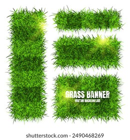 Green grass banners, background. Field, meadow texture, grassy landscape. Football playing pitch, soccer field. Sports ground, stadium. Ecology and environment protection. Vector illustration