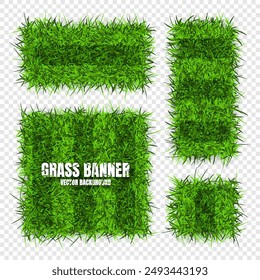 Green grass banners, background. Field, meadow texture, grassy landscape. Football playing pitch, soccer field. Sports ground, stadium. Ecology and environment protection. Vector illustration