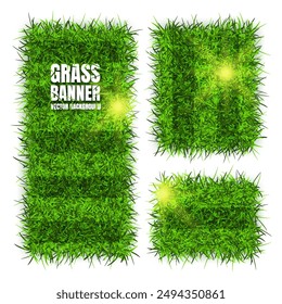 Green grass banners, background. Field, meadow texture, grassy landscape. Football playing pitch, soccer field. Sports ground, stadium. Ecology and environment protection. Vector illustration.