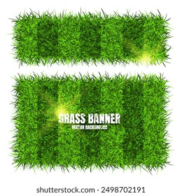 Green grass banners, background. Field, meadow texture, grassy landscape. Football playing pitch, soccer field. Sports ground, stadium. Ecology and environment protection. Vector illustration