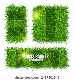 Green grass banners, background. Field, meadow texture, grassy landscape. Football playing pitch, soccer field. Sports ground, stadium. Ecology and environment protection. Vector illustration