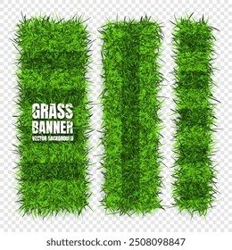 Green grass banners, background. Field, meadow texture, grassy landscape. Football playing pitch, soccer field. Sports ground, stadium. Ecology and environment protection. Vector illustration