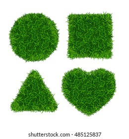 Green Grass Banners Set. Triangle, Box, Circle And Heart Grasses Banner. Vector Illustration