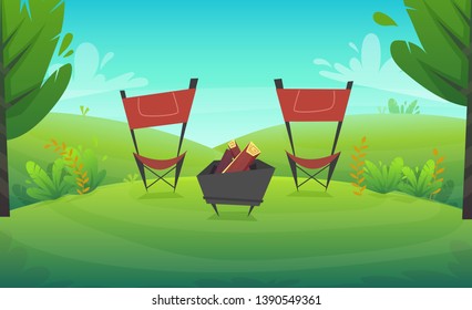 green grass barbeque grill at park or forest trees and bushes flowers scenery background , nature lawn ecology peace vector illustration of forest nature happy funny  picnic cartoon style landscape