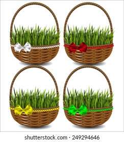 Green grass in a beautiful green basket with a bow. Set of four options.