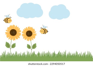Green grass, bee cartoons, sunflower and clouds icon isolated on white background vector illustration.