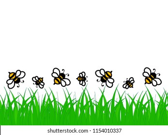 Green grass and bees on a white background. Nature vector illustration