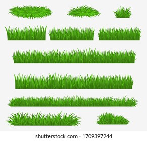 Green grass blades borders and landscaping constructor plants, vector isolated realistic icons. Meadow lawn, park or farm green grass hedges