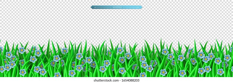 Green grass and blue flowers seamless border. Decoration element of summer spring and Easter design isolated on transparent background. Flat vector illustration of meadow grass and myosotis