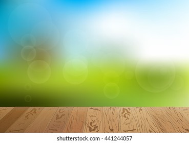 Green Grass and Blue Sky Background. Brown wooden board. Happy Summer Nature Illustration. Spring nature background with grass and blue sky in the back