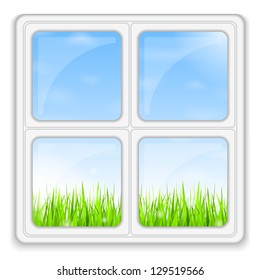 Green grass and blue sky behind the window, vector eps10 illustration