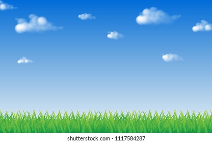 green grass and blue sky with cloud and copy space, vector illustration draw
