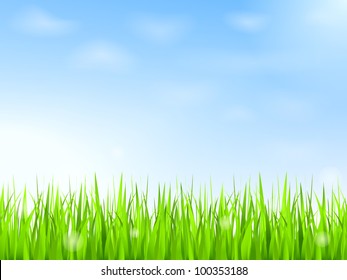 Green grass and blue sky with clouds, vector eps10 illustration