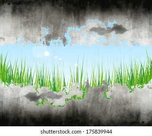 Green grass and blue sky with clouds, vector eps10 illustration, environmental theme, environment