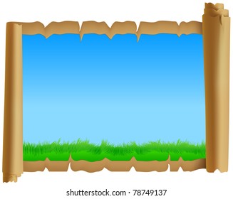 Green grass and blue sky are located on a scroll of parchment