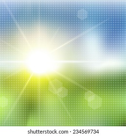 Green grass and blue sky with summer sun burst with halftone effect. Vector illustration.