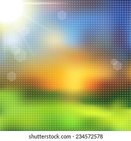 Green grass and blue sky with summer sun burst with halftone effect. Vector illustration.
