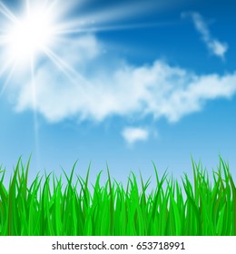 Green grass, blue sky and Sun light. Summer background. Vector illustration