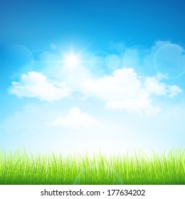Green Grass And Blue Sky. Vector