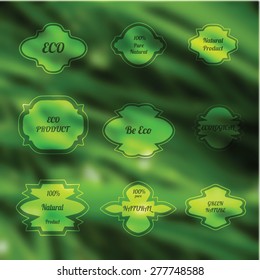 Green grass blurred background with 9 abstract badges.