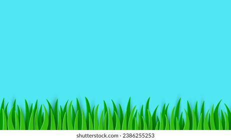 Green grass border. Blue background with copyspace. Vector illustration