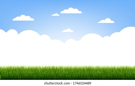Green Grass Border With Blue Sky And Clouds With Gradient Mesh, Vector Illustration