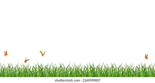 Borde verde de hierba con mariposas. Ilustración vectorial de césped sin soldadura aislado en blanco.