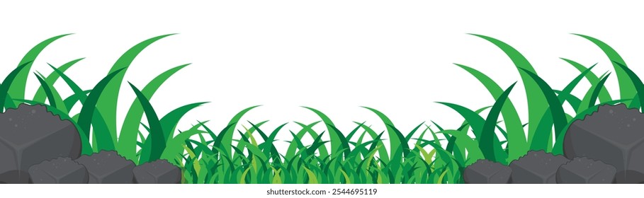 Green grass border isolated on white background. Grass landscape. Rocks and grass background. Vector illustration