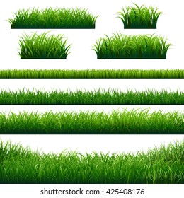 Green Grass Borders Big Set, Vector Illustration