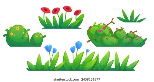 Bordes de hierba verde establecidos aislados sobre fondo blanco. Ilustración de dibujos animados de Vector de flores y césped, jardín, campo, bosque, parque vegetación con follaje exuberante, hierbas orgánicas, Elementos de diseño florales