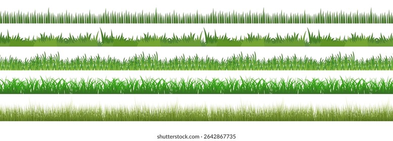 Conjunto de fronteras de hierba verde. Elementos realistas y planos del Vector del césped en fondo transparente