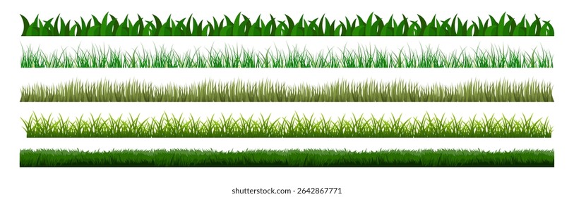 Green Grass Borders Set. Realistic and Flat Vector Lawn Designs on Transparent Background, Isolated Grass Strips with Light Effects for Landscape and Nature Illustration