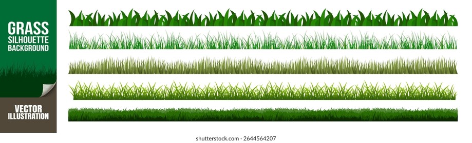 Conjunto de Bordas de Grama Verde. Projetos de gramado vetorial realista e plano sobre fundo transparente, faixas de grama isoladas com efeitos de luz para a paisagem e a ilustração da natureza
