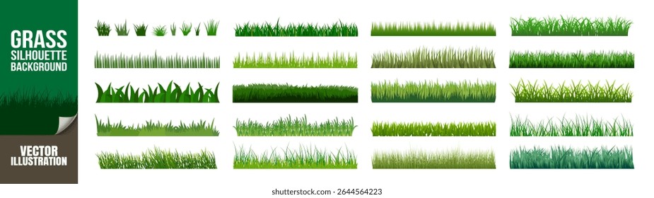 Green Grass Borders Set. Realistic and Flat Vector Lawn Designs on Transparent Background, Isolated Grass Strips with Light Effects for Landscape and Nature Illustration