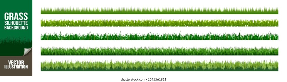 Green Grass Borders Set. Realistic and Flat Vector Lawn Designs on Transparent Background, Isolated Grass Strips with Light Effects for Landscape and Nature Illustration