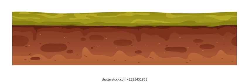 Green grass and brown earth ground layers, parts. Seamless underground level texture, cross-section. Cutaway lawn and moisturized soil levels. Flat vector illustration isolated on white background