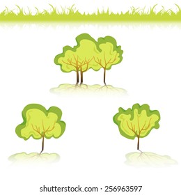 Green Grass with bushes. Isolated On White Background. Grass different shape. Vector Illustration. Concept design elements for garden. Spring Garden with shadow-01