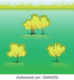 Green Grass with bushes. Isolated On White Background. Grass different shape. Vector Illustration. Concept design elements for garden. Spring Garden with shadow-03