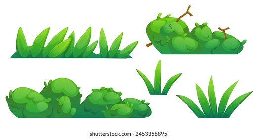 Green grass and bushes set isolated on white background. Vector cartoon illustration of lawn border, garden, field, forest, park vegetation with lush foliage, organic herbs, floral design elements