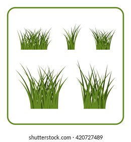 Green grass bushes set. Nature plant background. Collection silhouettes isolated on white. Elements for design environment. Vector illustration