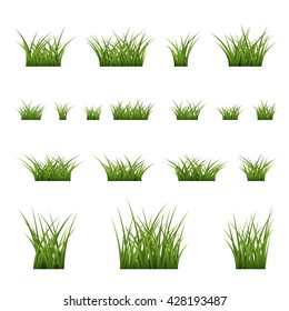 Green grass bushes set. Nature plant background. Collection silhouettes isolated on white. Symbol of field, lawn, spring and meadow, fresh, summer. Elements for design environment. Vector illustration