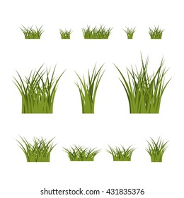 Green grass bushes set. Nature plant background. Collection silhouettes isolated on white. Symbol of field, lawn, spring and meadow, fresh, summer. Elements for design environment. Vector illustration