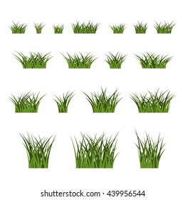 Green grass bushes set. Nature plant background. Collection silhouettes isolated on white. Symbol of field, lawn, spring and meadow, fresh, summer. Elements for design environment. Vector illustration