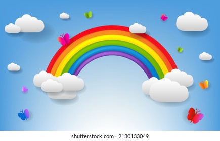 Green Grass And Butterfly And Rainbow With Gradient Mesh, Vector Illustration