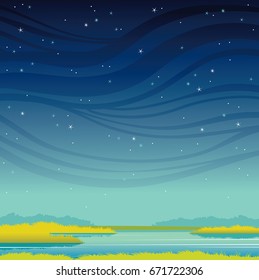 Green grass and calm lake on a night starry sky. Vector summer illustration. Natural landscape.