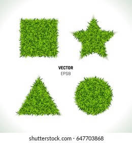 Green Grass Circle, Square, Star and Triangle on White Background. Eco Geometric Shapes. 3d Vector Illustration