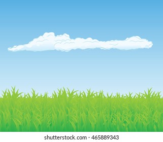 Green grass with clouds on blue sky, vector illustration