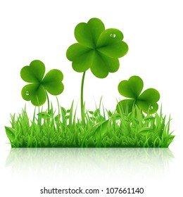 Green Grass With Clover, Isolated On White Background, Vector Illustration